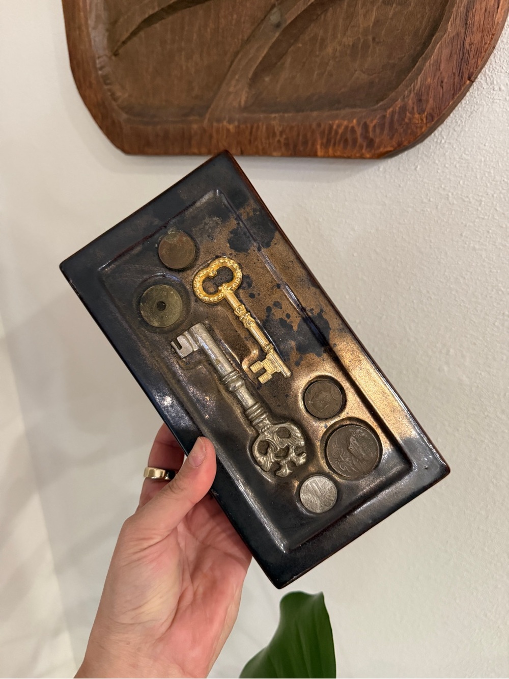 Vintage Metal Trinket Box Key Coin Relief Mid Century Desk Decor 8x4